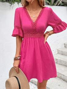 SHEIN VCAY Guipure Lace Insert Flounce Sleeve Dress - Hot Pink - View 3