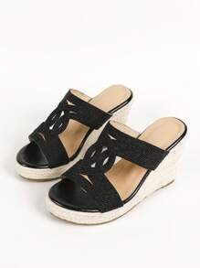 度假黑色涼鞋適用於女士鏤空編織坡跟涼鞋 - 黑色 - 查看 3