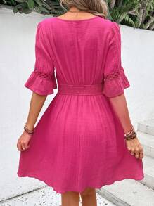 SHEIN VCAY Guipure Lace Insert Flounce Sleeve Dress - Hot Pink - View 2