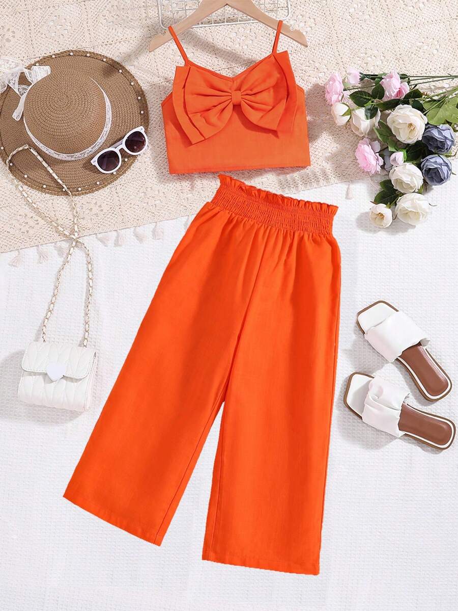 SHEIN Bộ hai mảnh Gái Dải chun Nơ trước Quần paper-bag màu trơn Dễ thương - trái cam - Xem 1