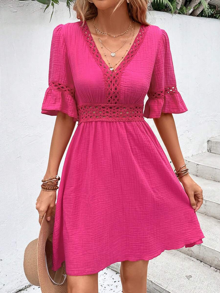 SHEIN VCAY Guipure Lace Insert Flounce Sleeve Dress - Hot Pink - View 1