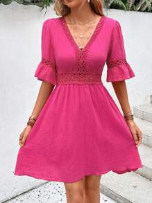 SHEIN VCAY Guipure Lace Insert Flounce Sleeve Dress - Hot Pink - View 4