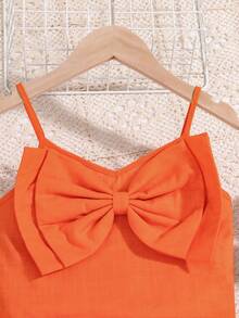 SHEIN Bộ hai mảnh Gái Dải chun Nơ trước Quần paper-bag màu trơn Dễ thương - trái cam - Xem 3