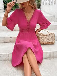 SHEIN VCAY Guipure Lace Insert Flounce Sleeve Dress - Hot Pink - View 5