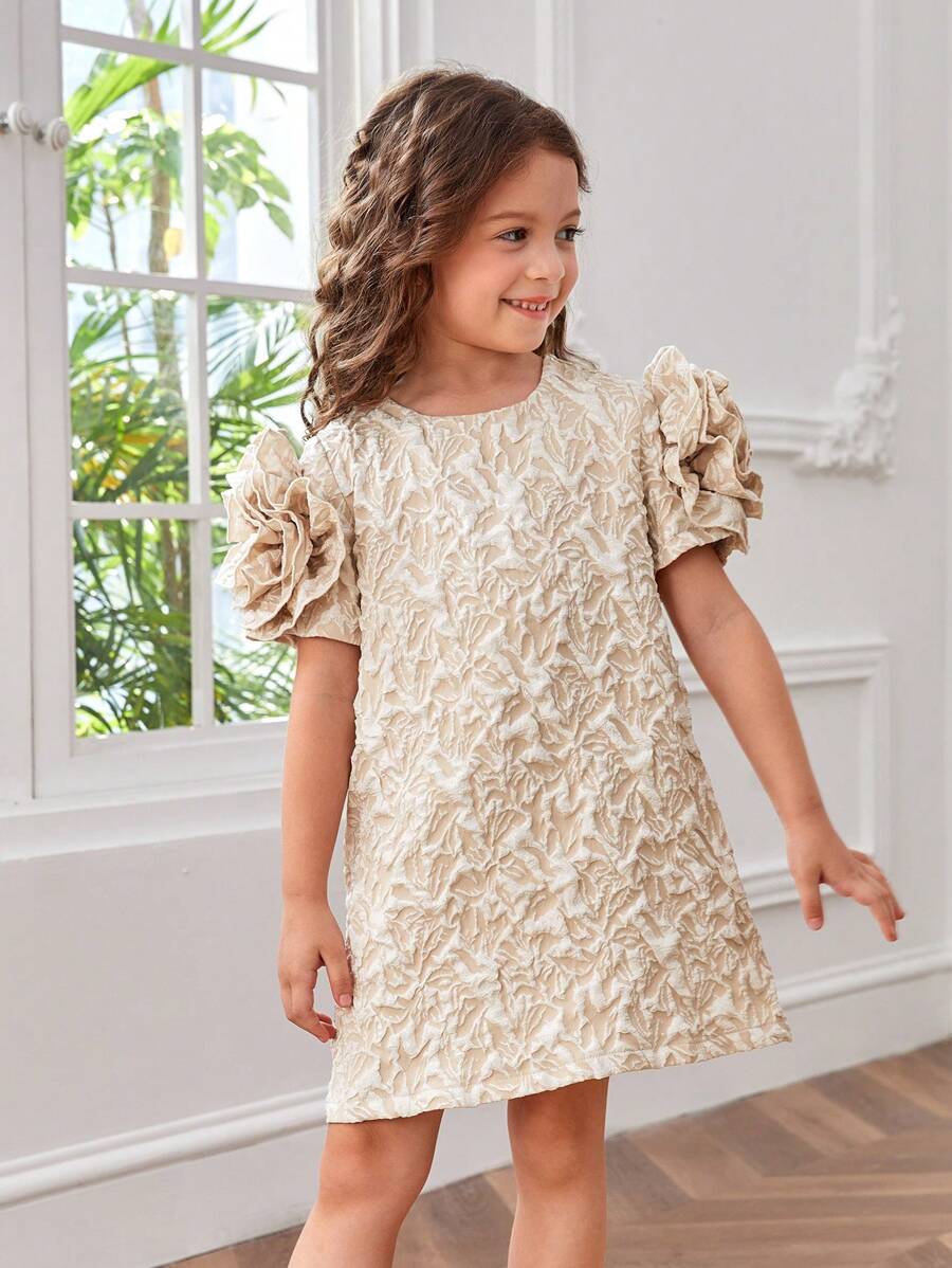 SHEIN 少女網紗拼色泡泡短袖提花寬鬆連衣裙 - 卡其色 - 查看 1