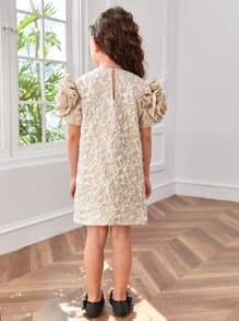 SHEIN 少女網紗拼色泡泡短袖提花寬鬆連衣裙 - 卡其色 - 查看 2