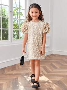 SHEIN 少女網紗拼色泡泡短袖提花寬鬆連衣裙 - 卡其色 - 查看 4