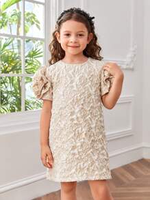 SHEIN 少女網紗拼色泡泡短袖提花寬鬆連衣裙 - 卡其色 - 查看 5