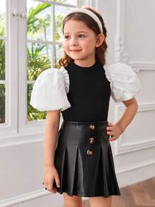 SHEIN 小女童泡泡袖T恤和百褶半身裙 - 黑色 - 查看 5