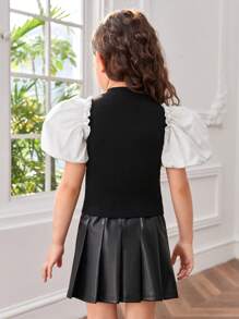 SHEIN 小女童泡泡袖T恤和百褶半身裙 - 黑色 - 查看 2