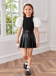 SHEIN 小女童泡泡袖T恤和百褶半身裙 - 黑色 - 查看 4