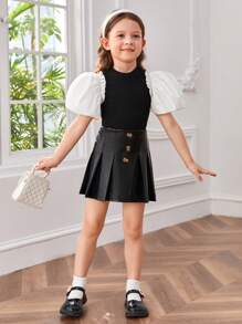 SHEIN 小女童泡泡袖T恤和百褶半身裙 - 黑色 - 查看 3