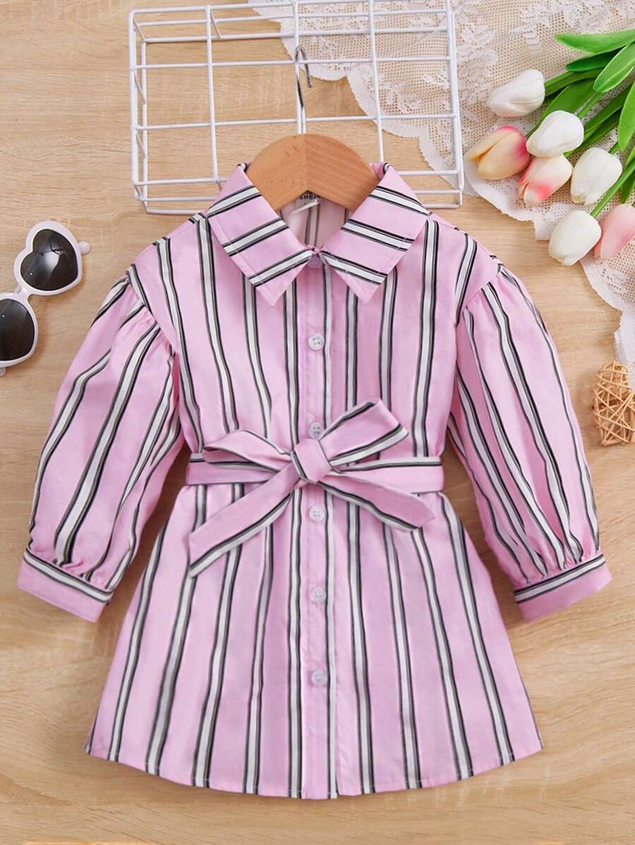 SHEIN 嬰兒條紋印花腰帶襯衫連衣裙 - 彩色 - 查看 1