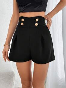 SHEIN Privé 高腰紐扣細節褶皺細節短褲 - 黑色 - 查看 2