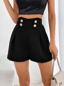 SHEIN Privé 高腰紐扣細節褶皺細節短褲 - 黑色 - 查看 4
