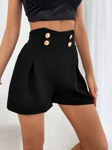 SHEIN Privé 高腰紐扣細節褶皺細節短褲 - 黑色 - 查看 5