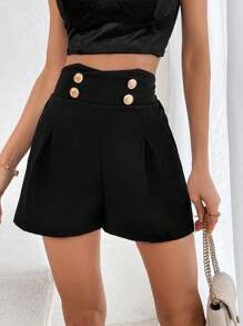 SHEIN Privé 高腰紐扣細節褶皺細節短褲 - 黑色 - 查看 6