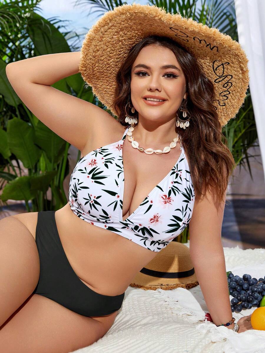 SHEIN Swim Curve Plus Size Floral Print Halter Bikini Set Summer Beach - Black and White - View 1