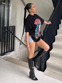 SHEIN SXY Mùa hè Quá lớn Hình ảnh  Phụ nữ T Áo sơ mi - màu đen - Xem 3