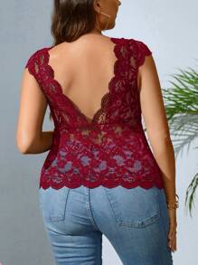 SHEIN Clasi Top ribete en abanico con encaje sin sujetador - Rojo - Ver 2