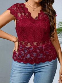 SHEIN Clasi Top ribete en abanico con encaje sin sujetador - Rojo - Ver 3