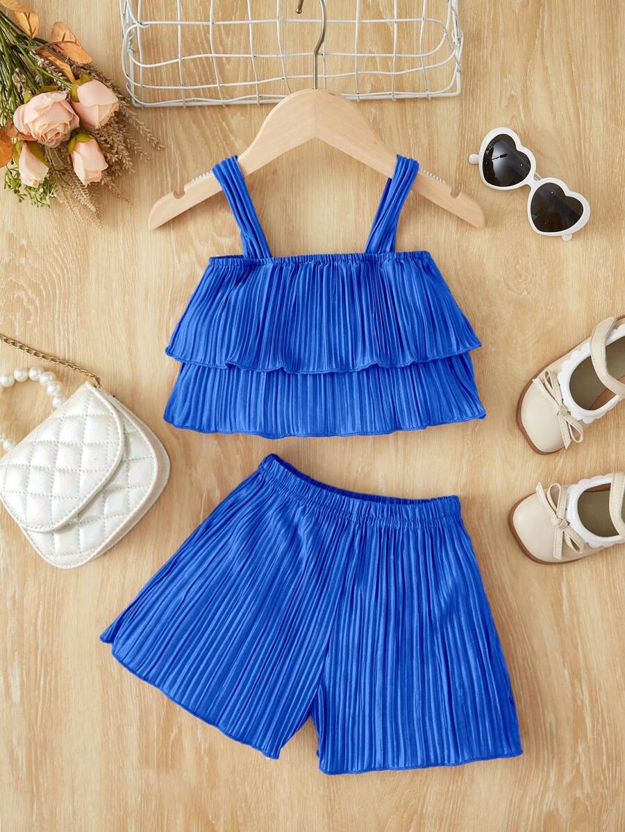 SHEIN Baby Ruffle Trim Cami Top & Shorts - Royal Blue - View 1