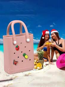 簡約風沙灘包,多用途便攜手提包適用於游泳,旅行野餐戶外素色收納袋,8.3英寸*6.7英寸*3.2英寸 - 粉色 - 查看 8