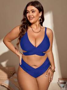 SHEIN Swim Curve Conjunto de bikini envolvente sólido de talla grande para playa de verano - azul real - Ver 4