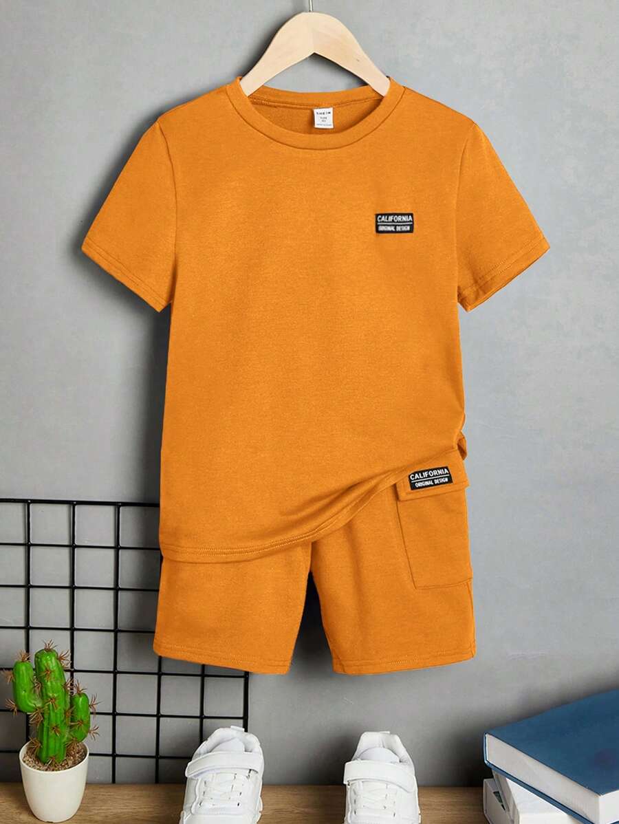SHEIN 男孩字母補丁細節T恤和短褲 - 橘色 - 查看 1