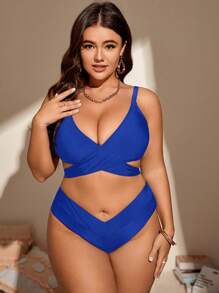 SHEIN Swim Curve Conjunto de bikini envolvente sólido de talla grande para playa de verano - azul real - Ver 5
