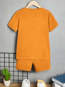 SHEIN 男孩字母補丁細節T恤和短褲 - 橘色 - 查看 2