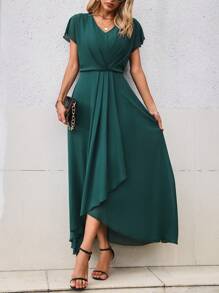 SHEIN Clasi 素色圍裹下擺繫腰帶洋裝 - 墨綠色 - 查看 5