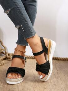 Phụ nữ có khóa & thắt nút trang trí Dép đế nêm Espadrille, Xăng đan có dây đeo mắt cá chân bằng vải cho kỳ nghỉ mùa hè - màu đen - Xem 1