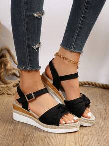 Phụ nữ có khóa & thắt nút trang trí Dép đế nêm Espadrille, Xăng đan có dây đeo mắt cá chân bằng vải cho kỳ nghỉ mùa hè - màu đen - Xem 2