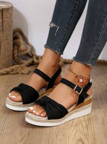 Phụ nữ có khóa & thắt nút trang trí Dép đế nêm Espadrille, Xăng đan có dây đeo mắt cá chân bằng vải cho kỳ nghỉ mùa hè - màu đen - Xem 3