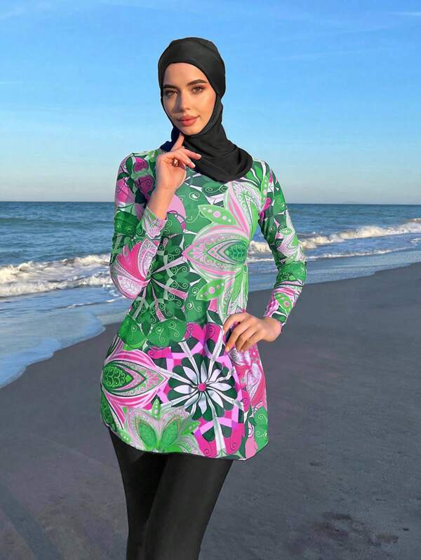 Graphic Print High Neck Full Cover Burkini Swimsuit SHEIN USA