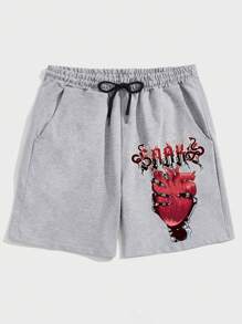 ROMWE MEN Street Life Quần Short Nam Dây kéo Thắt nơ trước Đồ họa Lá thư Đường phố - Xám - Xem 1