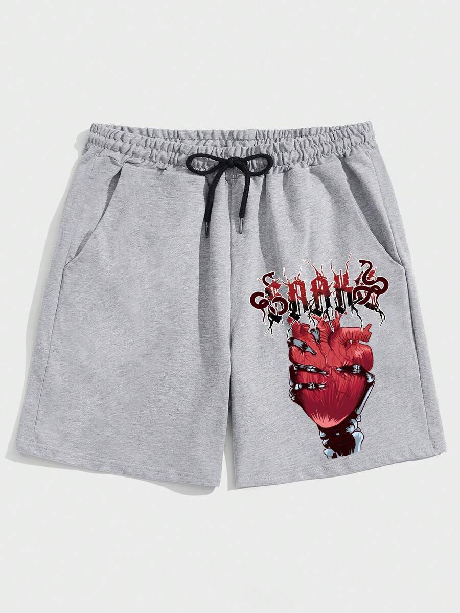 ROMWE MEN Street Life Quần Short Nam Dây kéo Thắt nơ trước Đồ họa Lá thư Đường phố - Xám - Xem 1