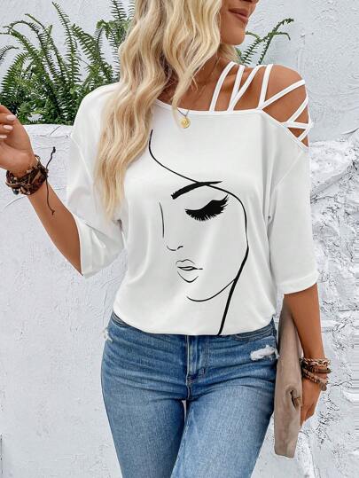 EMERY ROSE Camiseta gráfica con cuello asimétrico y cruce frontal. Gráfica Tops para mujeres