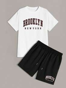 Manfinity Homme Hombres Shorts con camiseta con estampado de letra - Blanco - Ver 3