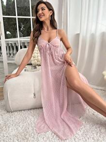 Váy ngủ & áo ngủ Nữ Thắt nơ trước Tách cao màu trơn - Bụi hồng - Xem 1