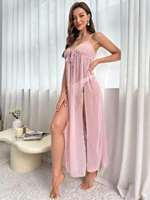 Váy ngủ & áo ngủ Nữ Thắt nơ trước Tách cao màu trơn - Bụi hồng - Xem 4