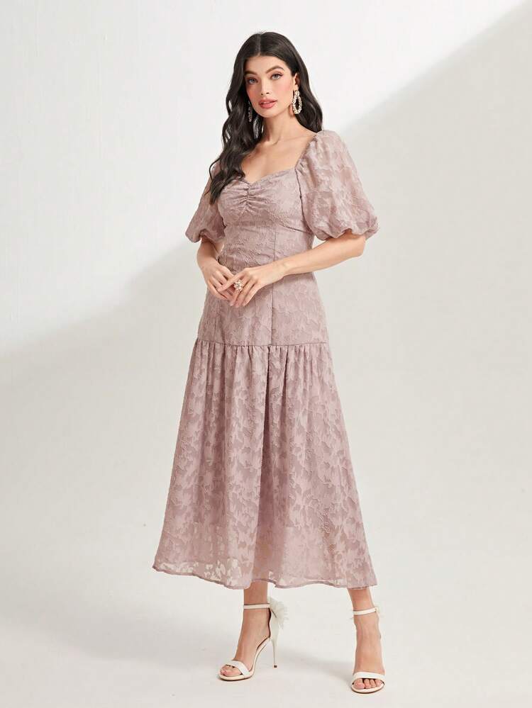 Sweetheart Neck Puff Sleeve Ruffle Hem Jacquard Flower Applique Dress Long Evening Dresses
