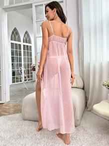 Váy ngủ & áo ngủ Nữ Thắt nơ trước Tách cao màu trơn - Bụi hồng - Xem 5