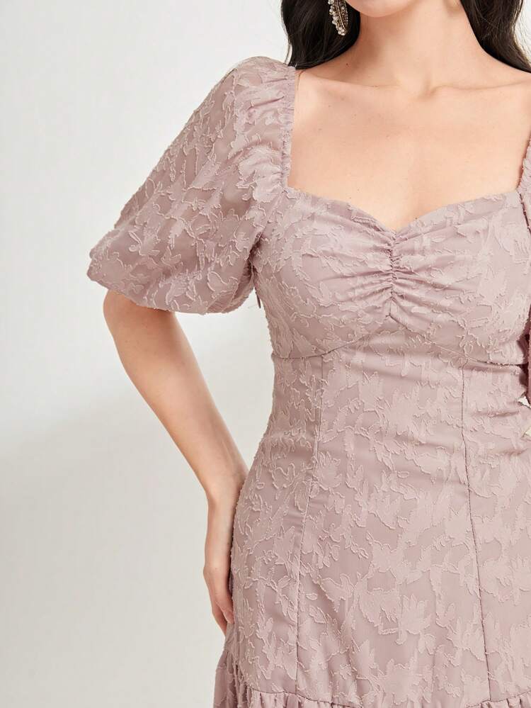 Sweetheart Neck Puff Sleeve Ruffle Hem Jacquard Flower Applique Dress Long Evening Dresses