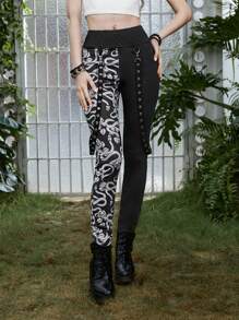 ROMWE Goth 蛇印花肩帶細節緊身打底褲 - 黑與白 - 查看 1