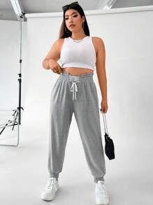 Flirla Plus Lace Up Front Paperbag Waist Joggers - Grey - View 1