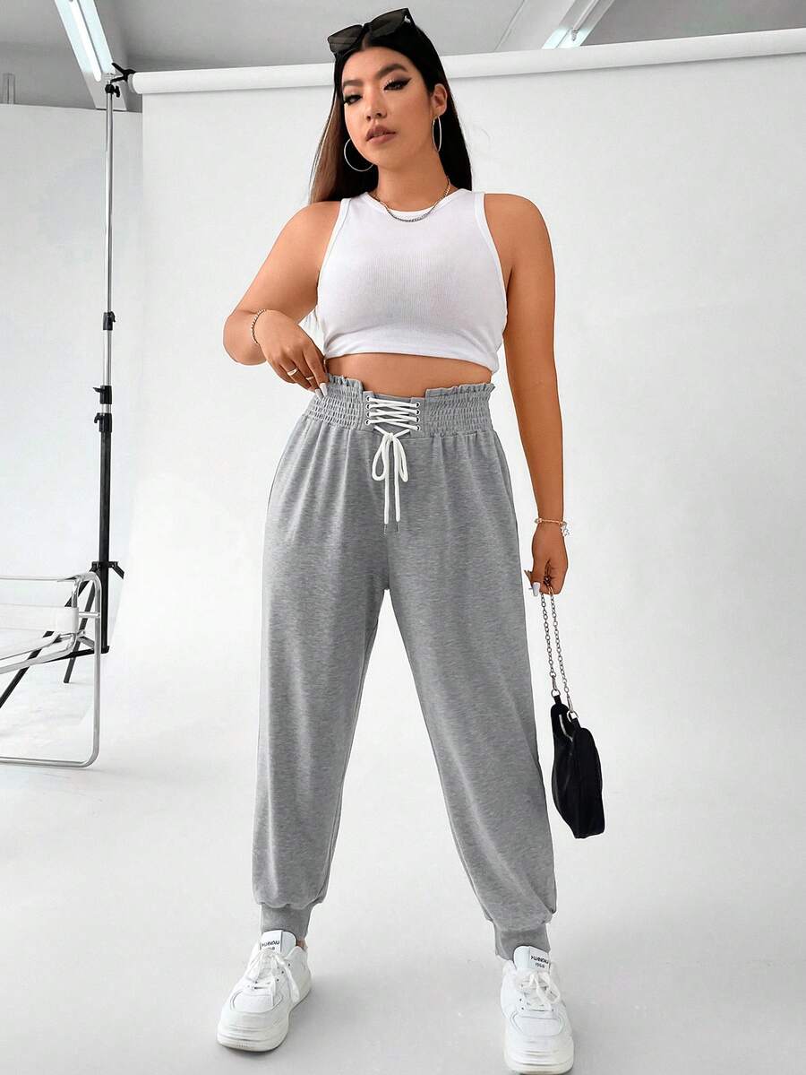Flirla Plus Lace Up Front Paperbag Waist Joggers - Grey - View 1