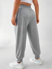 Flirla Plus Lace Up Front Paperbag Waist Joggers - Grey - View 2