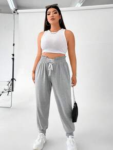 Flirla Plus Lace Up Front Paperbag Waist Joggers - Grey - View 4